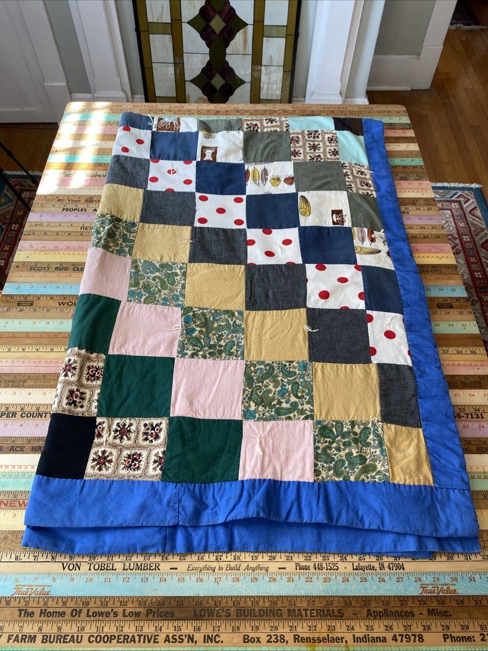 VINTAGE Handmade Patchwork Quilt Blanket Boho Hippie Cottage 70X 50 READ Flaw